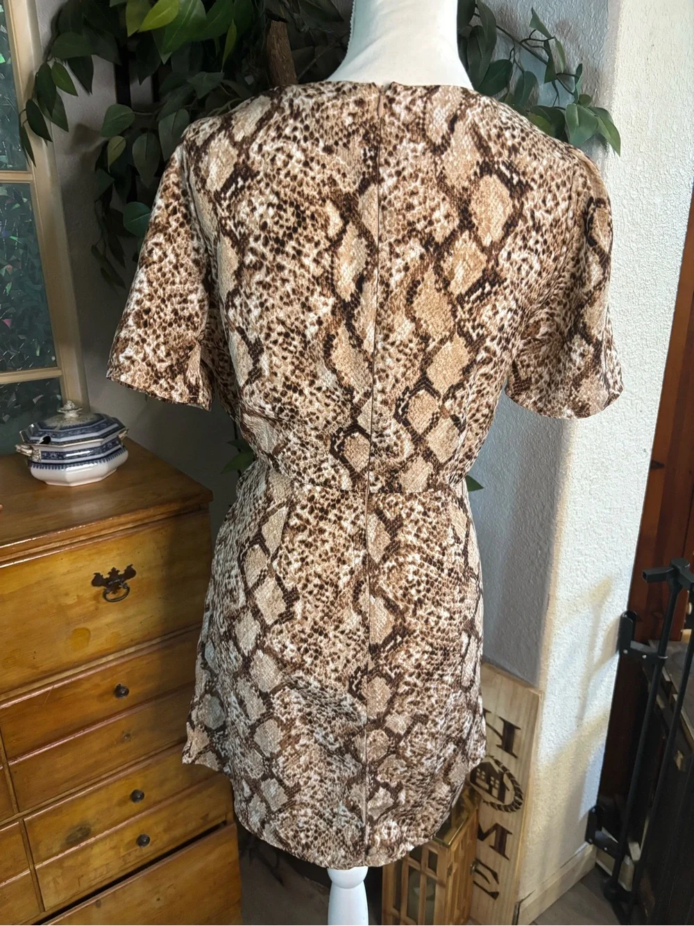 Blu Pepper Brown & Beige Snake-Print Tie-Waist Mini Dress